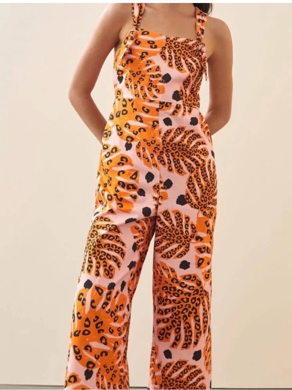 Farm Rio Anthropologie Pink and Orange Leopard-Print Monstera Wide-Leg Jumpsuit